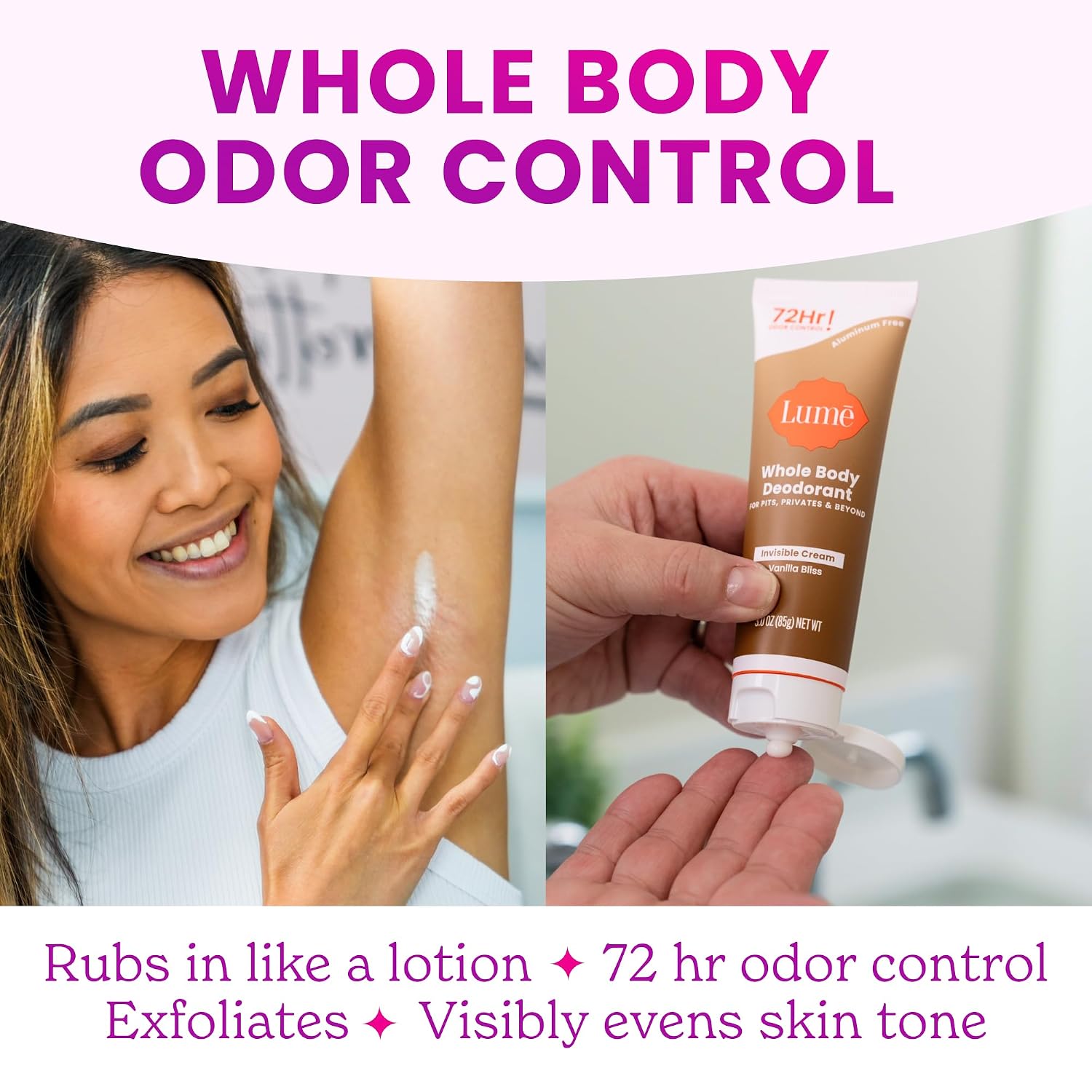 Lume Whole Body Deodorant - Invisible Cream Tube - 72 Hour Odor Control - Doctor Developed - Aluminum Free. Baking Soda Free and Skin Loving - 3.0 Ounce (Pack of 2) (Vanilla Bliss)