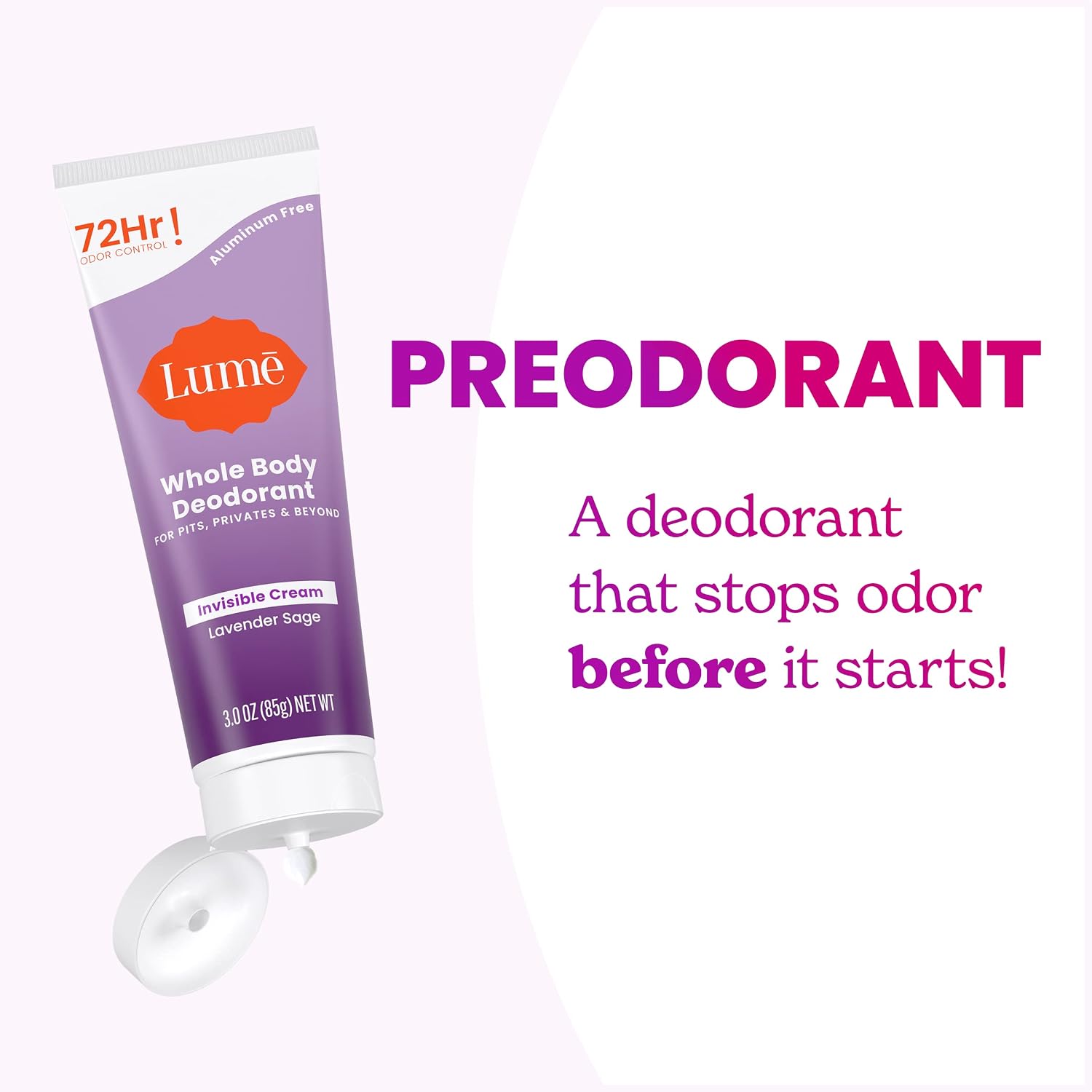 Lume Whole Body Deodorant - Invisible Cream Tube - 72 Hour Odor Control - Aluminum Free. Baking Soda Free. Skin Safe - 3.0 ounce (Lavender Sage)