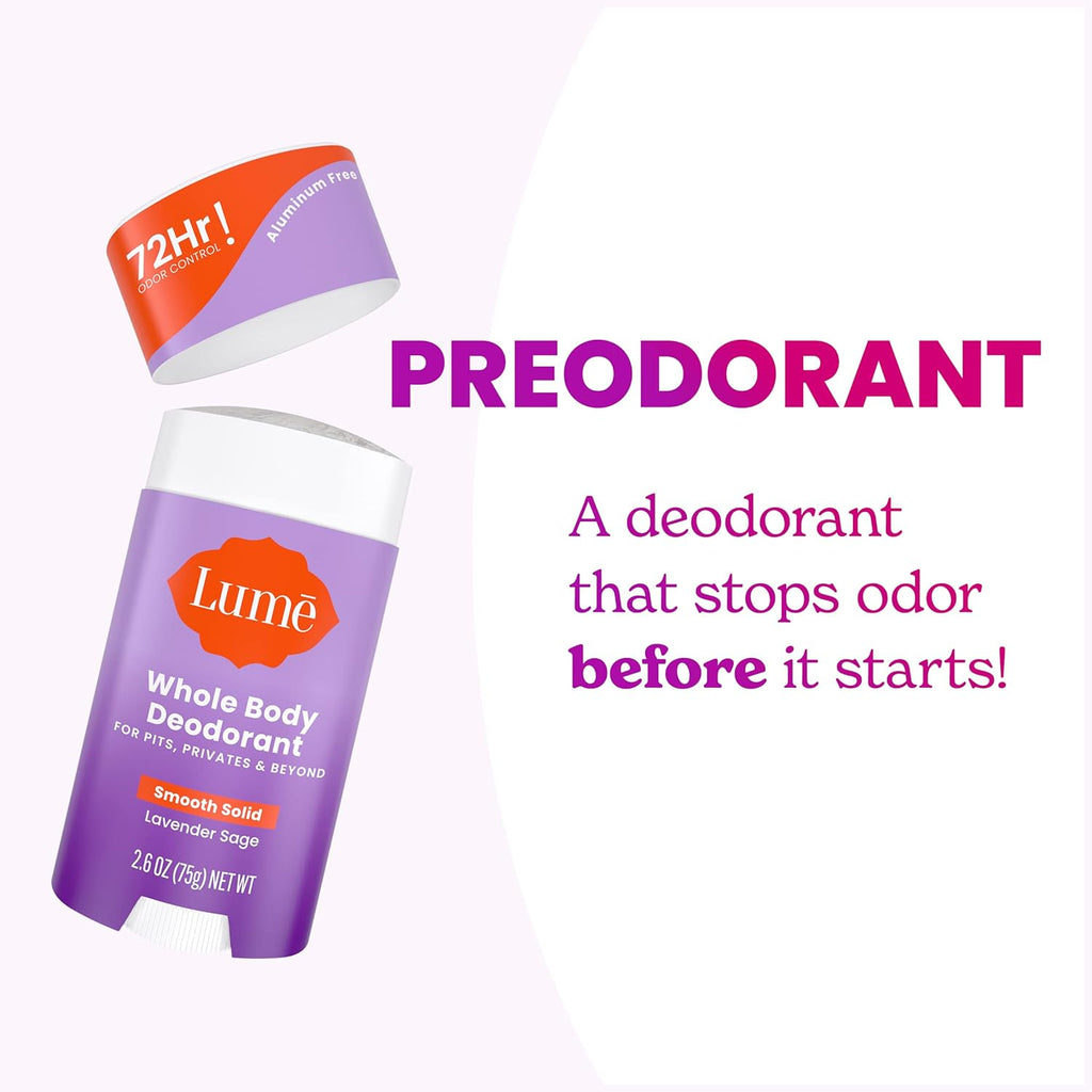 Lume Whole Body Deodorant - Smooth Solid Stick - 72 Hour Odor Control - Aluminum Free. Baking Soda Free and Skin Safe - 2.6 Ounce (Pack of 2) (Lavender Sage)