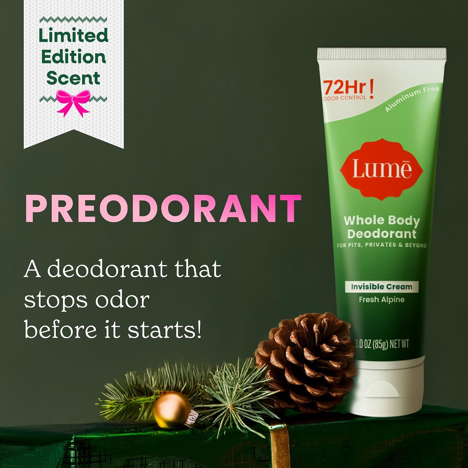 Lume Whole Body Deodorant - Invisible Cream Tube - 72 Hour Odor Control - Doctor Developed - Aluminum Free. Baking Soda Free and Skin Loving - 3.0 Ounce (Fresh Alpine)