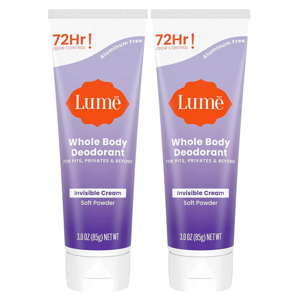Lume Whole Body Deodorant - Invisible Cream Tube - 72 Hour Odor Control - Aluminum Free. Baking Soda Free. Skin Safe - 3.0 ounce (Pack of 2) (Soft Powder)