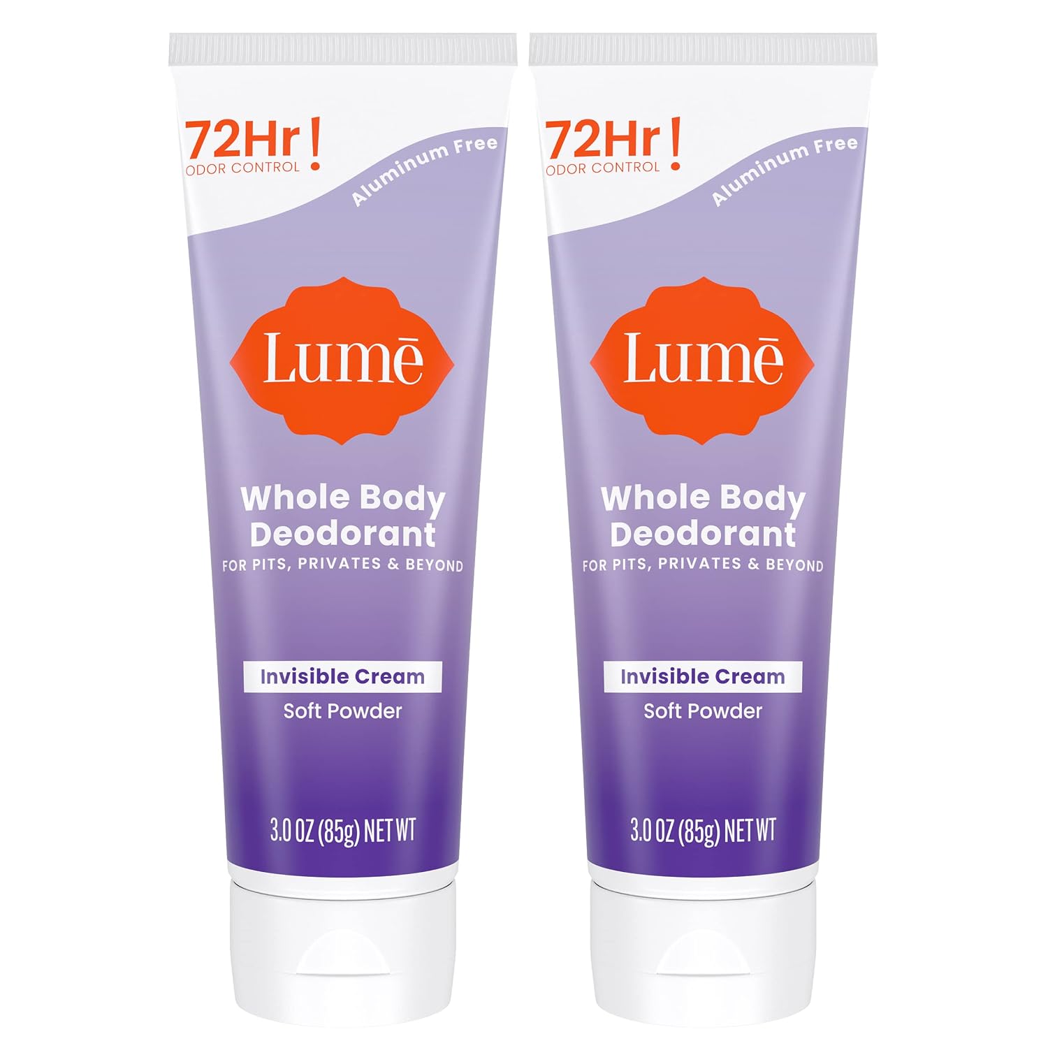 Lume Whole Body Deodorant - Invisible Cream Tube - 72 Hour Odor Control - Aluminum Free. Baking Soda Free. Skin Safe - 3.0 ounce (Pack of 2) (Soft Powder)