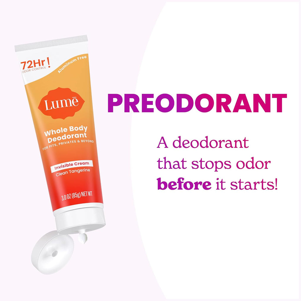 Lume Whole Body Deodorant - Invisible Cream Tube - 72 Hour Odor Control - Aluminum Free. Baking Soda Free. Skin Safe - 3.0 ounce (Clean Tangerine)