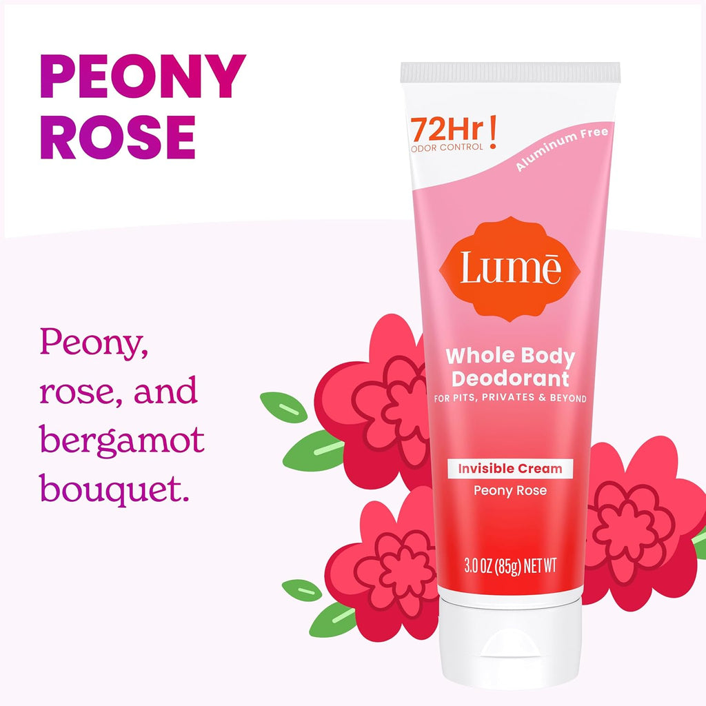 Lume Whole Body Deodorant - Invisible Cream Tube - 72 Hour Odor Control - Aluminum Free. Baking Soda Free. Skin Safe - 3.0 ounce (Pack of 2) (Peony Rose)
