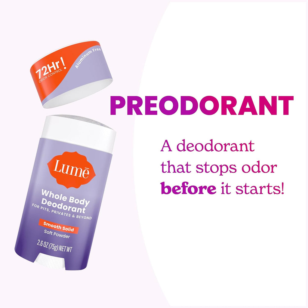 Lume Whole Body Deodorant - Smooth Solid Stick - 72 Hour Odor Control - Aluminum Free. Baking Soda Free and Skin Loving - 2.6 Ounce (Pack of 3) (Soft Powder)