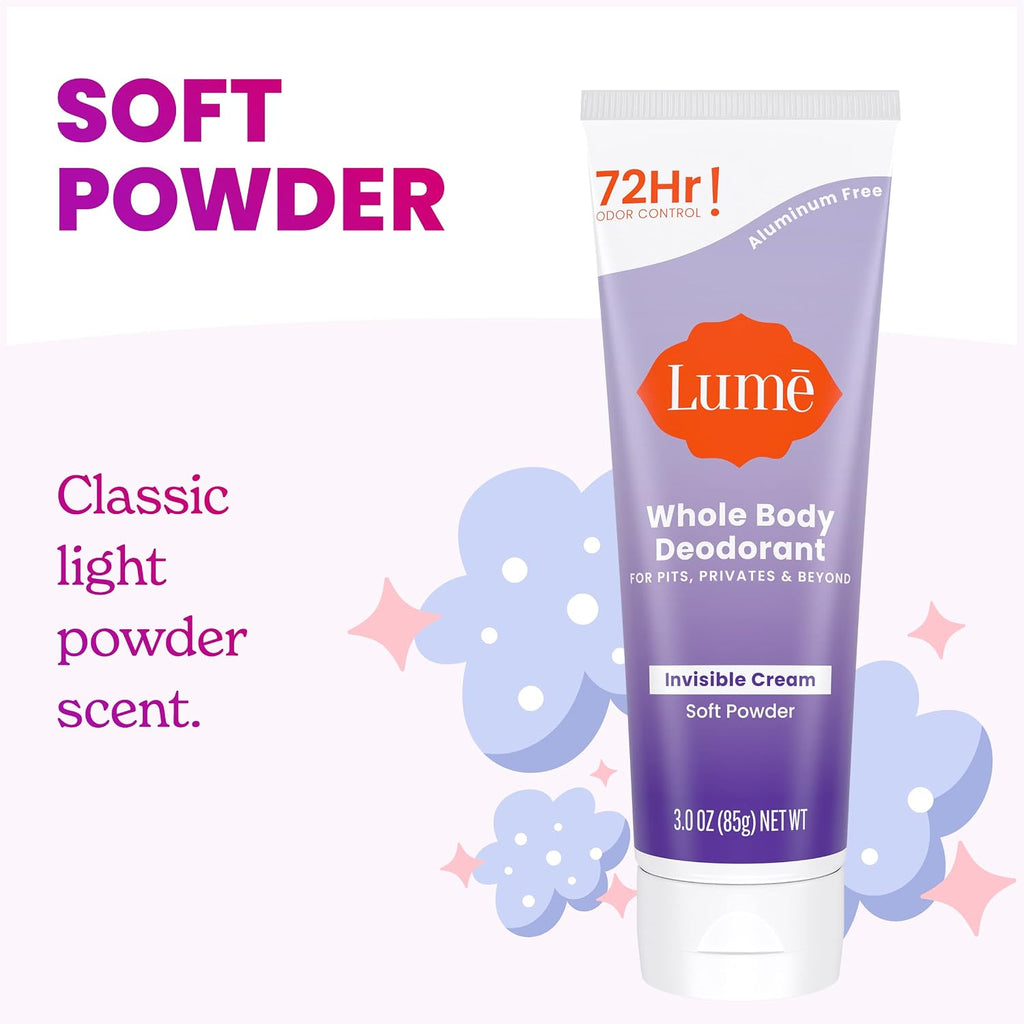 Lume Whole Body Deodorant - Invisible Cream Tube - 72 Hour Odor Control - Aluminum Free. Baking Soda Free. Skin Safe - 3.0 ounce (Soft Powder)
