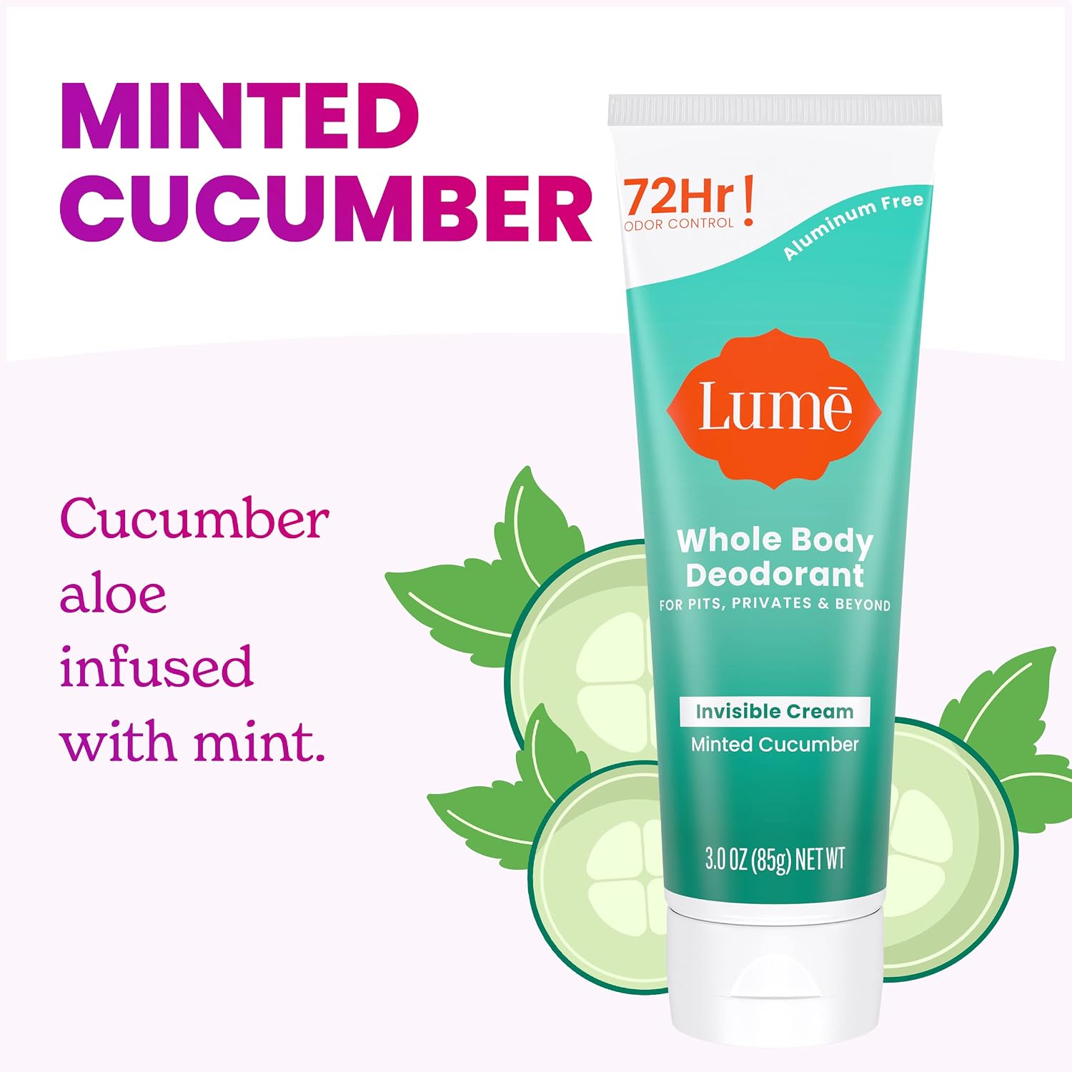 Lume Whole Body Deodorant - Invisible Cream Tube - 72 Hour Odor Control - Aluminum Free. Baking Soda Free. Skin Safe - 3.0 ounce (Minted Cucumber)